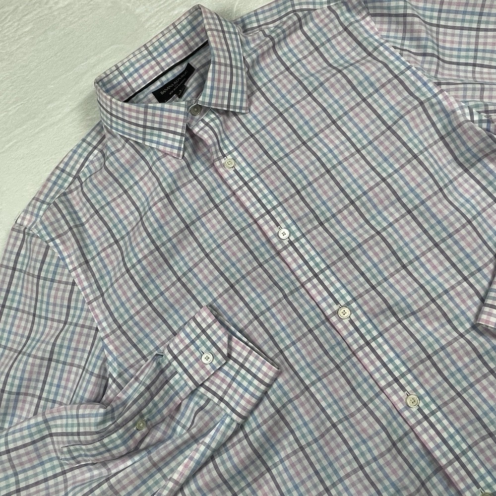 Banana Republic L Gingham Check Non Iron Slim Dress Shirt Easter Preppy Pastel